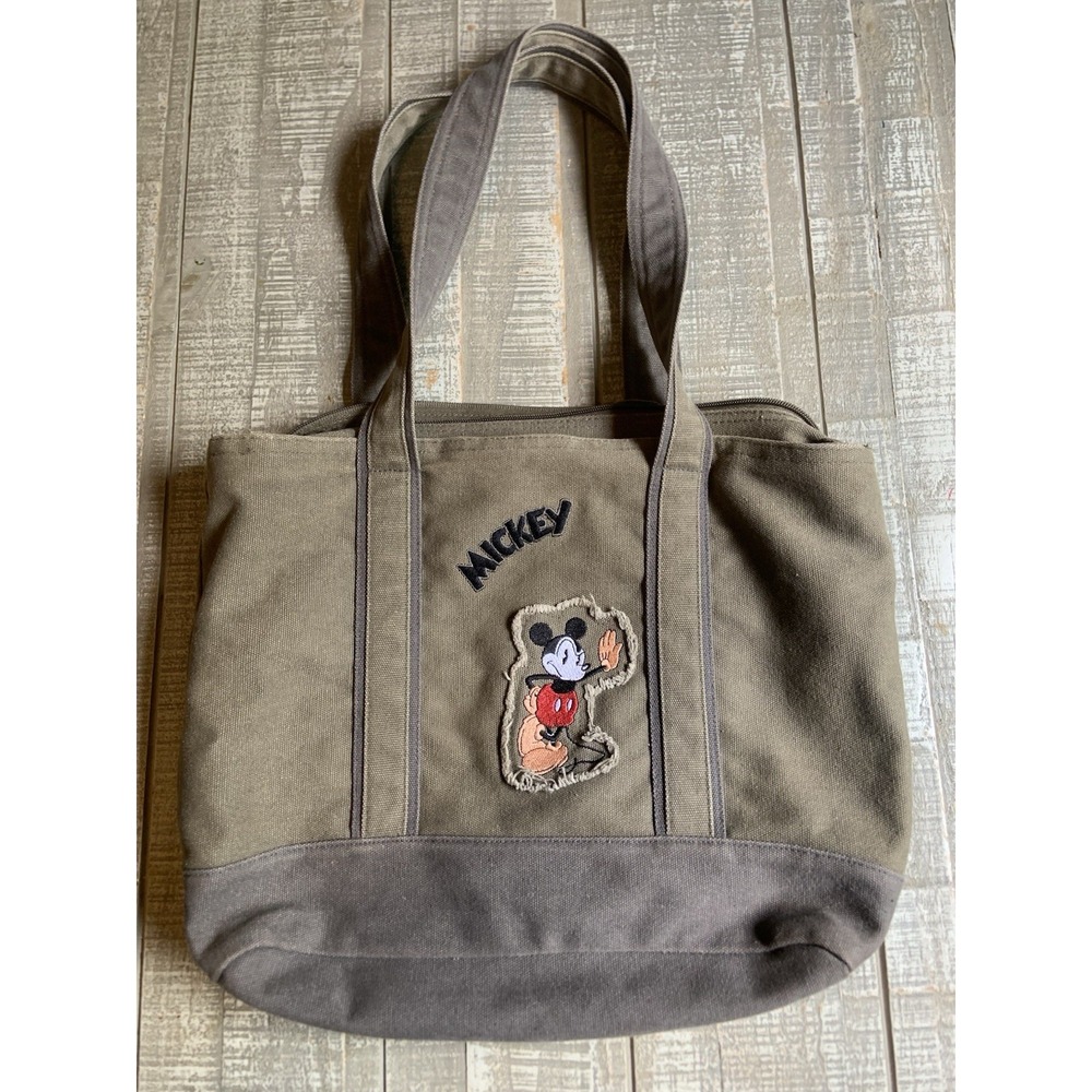 Vintage Mickey Mouse Army Green Canvas Tote Bag Stitched Embroidered 16x12